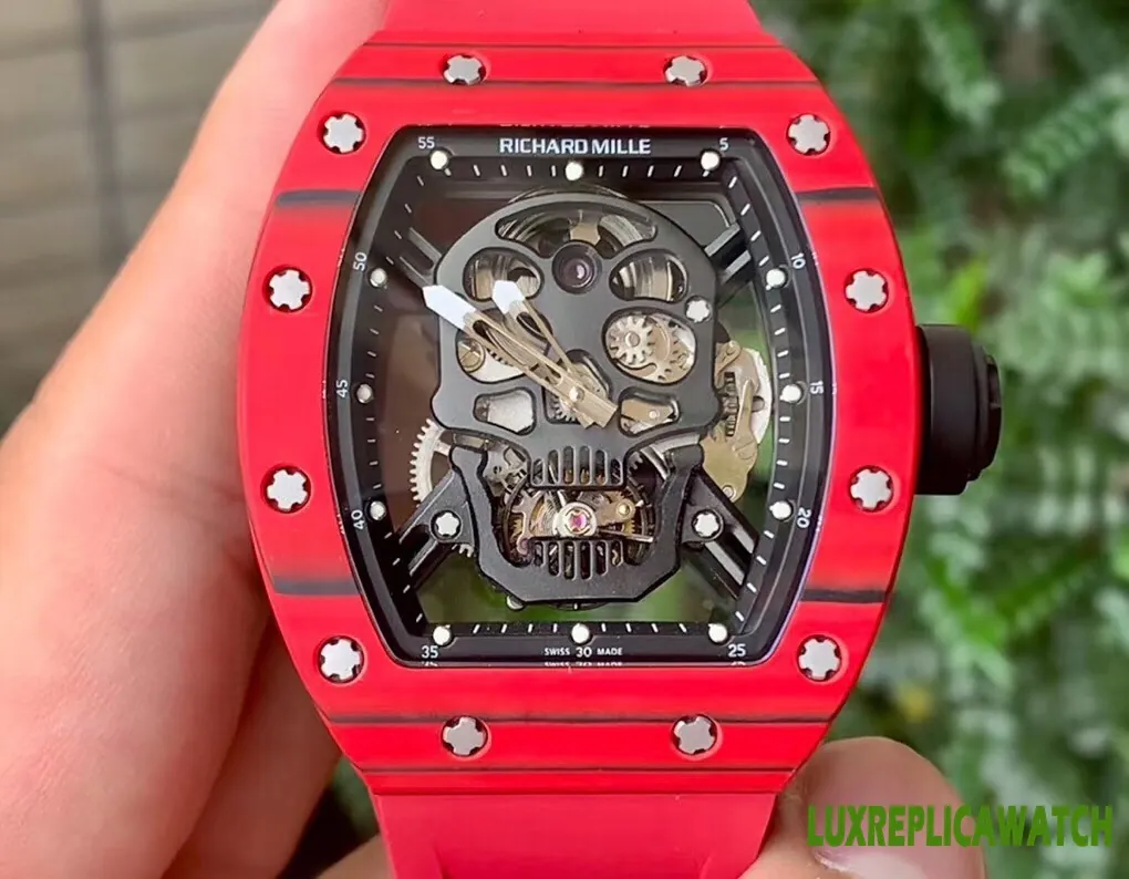 Richard Mille Skull Collection Replica Watches 52mm Mens Black Dial Rubber Strap 1:1 Clone Watch