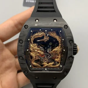 Richard Mille Dragon Tourbillon Replica Watches 52mm Mens Blue Dial Rubber Strap 1:1 Clone Watch
