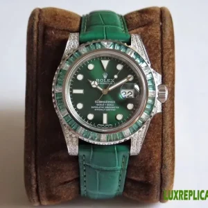 Rolex Submariner Date Replica Watches 40mm Mens Green Dial Leather Strap 1:1 Clone Watch