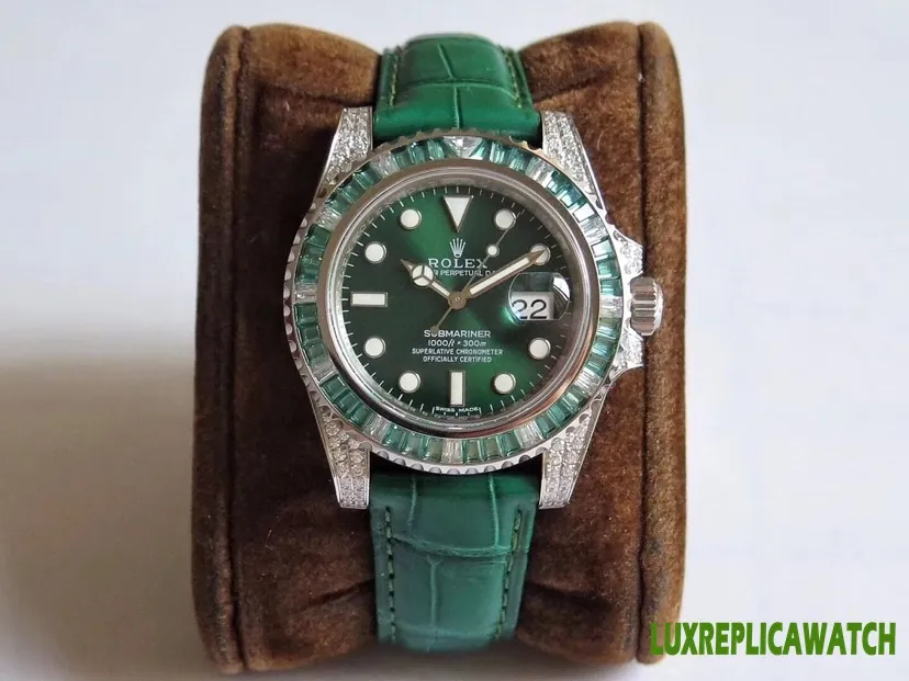 Rolex Submariner Date Replica Watches 40mm Mens Green Dial Leather Strap 1:1 Clone Watch
