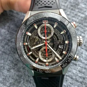 Tag Heuer Carrera Replica Watches 44mm Mens Skeleton Dial Rubber Strap 1:1 Clone Watch